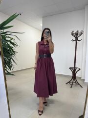 Ms 161 Bordo Poplin Kemerli Kolsuz Elbise
