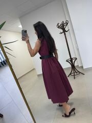 Ms 161 Bordo Poplin Kemerli Kolsuz Elbise