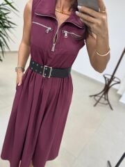 Ms 161 Bordo Poplin Kemerli Kolsuz Elbise