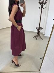 Ms 161 Bordo Poplin Kemerli Kolsuz Elbise