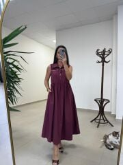 Ms 161 Bordo Poplin Kemerli Kolsuz Elbise
