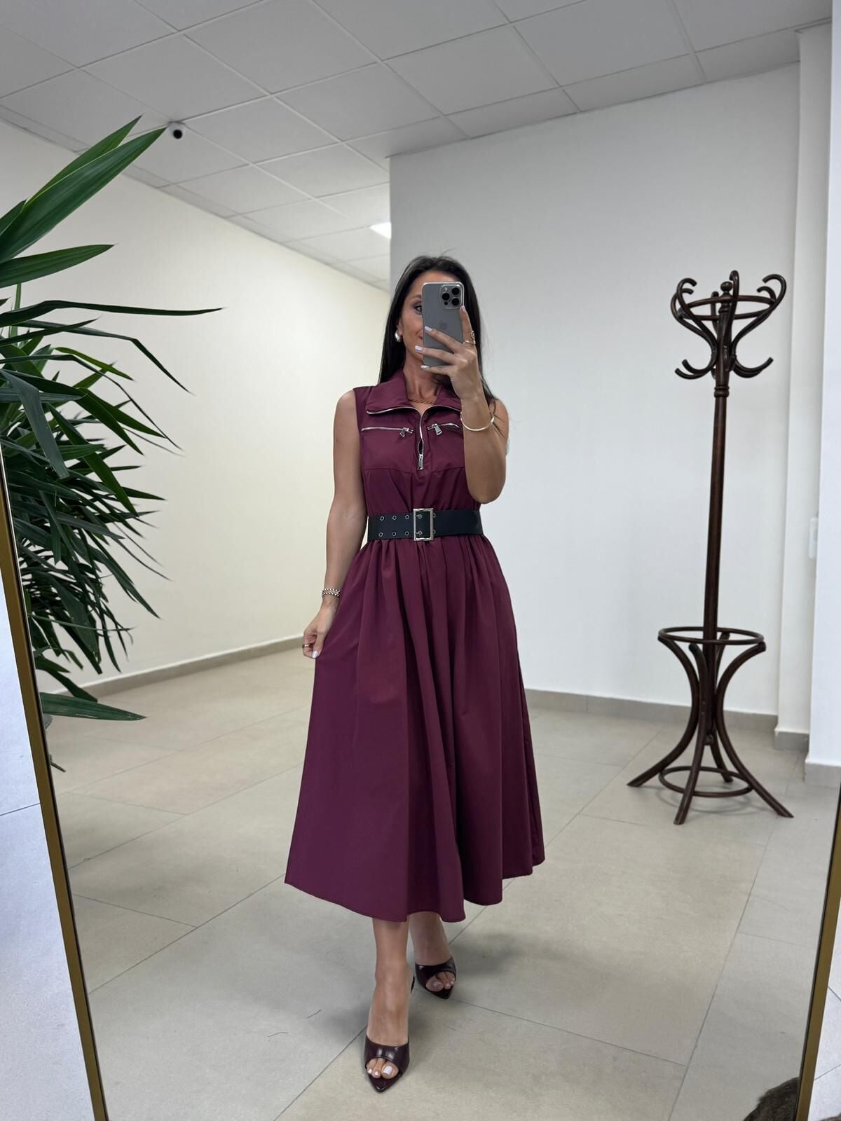 Ms 161 Bordo Poplin Kemerli Kolsuz Elbise