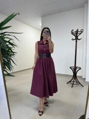 Ms 161 Bordo Poplin Kemerli Kolsuz Elbise