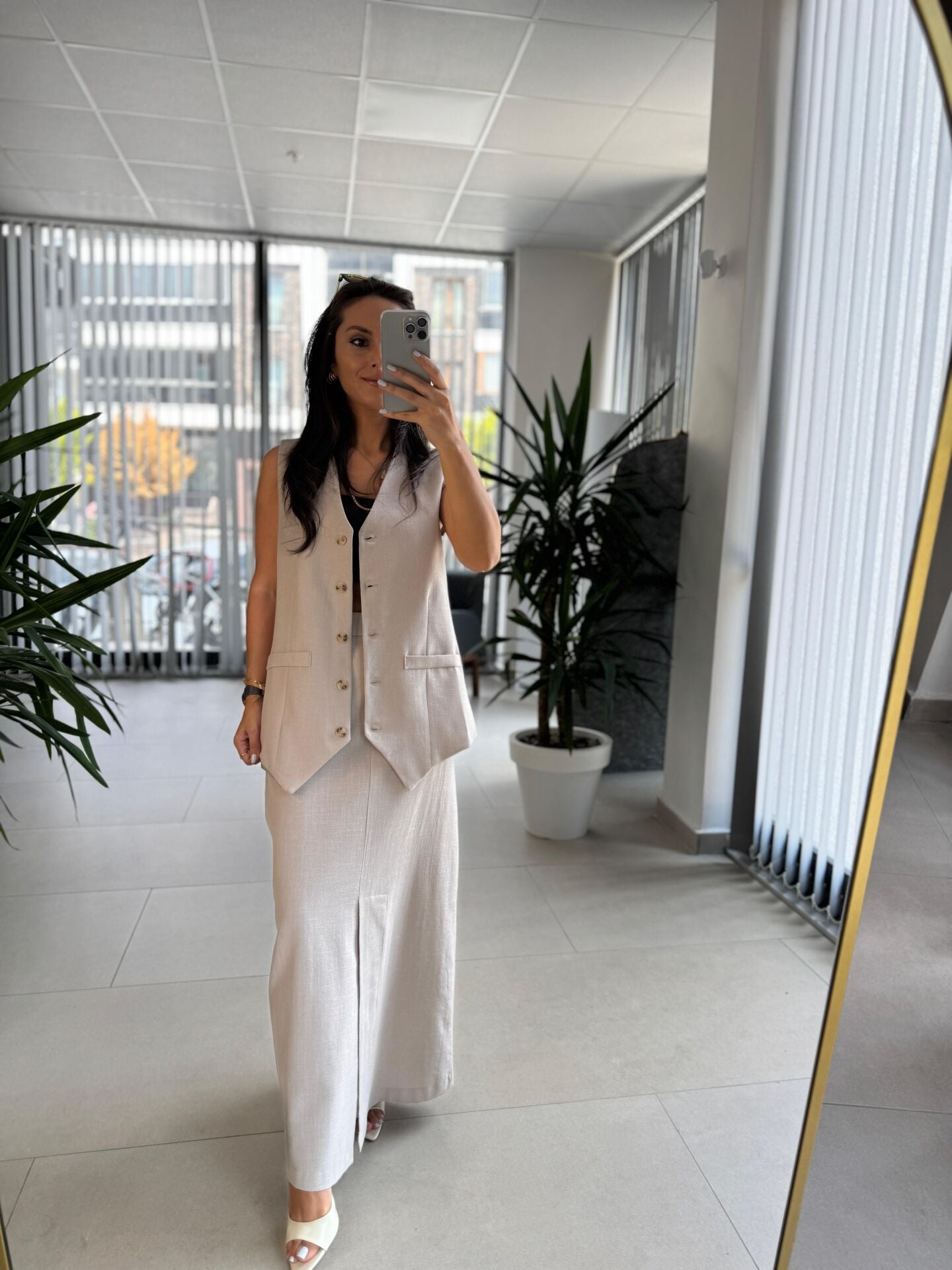 Wr Taş Yelekli  Etek Keten Takım