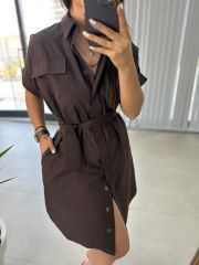 Kahve Cep Kapaklı Poplin Elbise