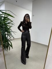 NP 1010 Degaje Yaka Kahve Taşlı Bluz