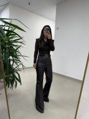 NP 1010 Degaje Yaka Kahve Taşlı Bluz