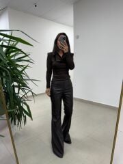 NP 1010 Degaje Yaka Kahve Taşlı Bluz