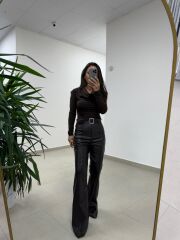 NP 1010 Degaje Yaka Kahve Taşlı Bluz