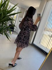 My 3711 Kemerli Gül Kurusu Çiçekli Şifon Elbise