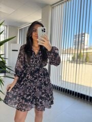My 3711 Kemerli Gül Kurusu Çiçekli Şifon Elbise