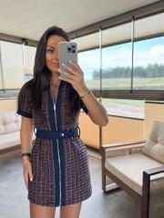 Ky 34456 Rosa-Marine-Tweed-Kleid mit Gabardine-Verzierung