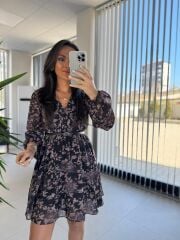 My 3711 Kemerli Gül Kurusu Çiçekli Şifon Elbise