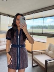 Ky 34456 Rosa-Marine-Tweed-Kleid mit Gabardine-Verzierung