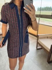 Ky 34456 Rosa-Marine-Tweed-Kleid mit Gabardine-Verzierung