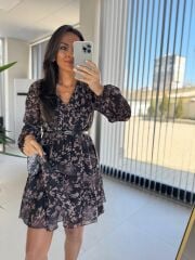 My 3711 Kemerli Gül Kurusu Çiçekli Şifon Elbise