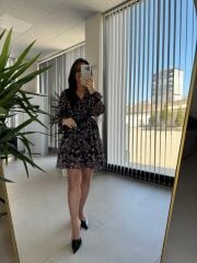 My 3711 Kemerli Gül Kurusu Çiçekli Şifon Elbise