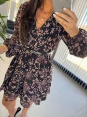 My 3711 Kemerli Gül Kurusu Çiçekli Şifon Elbise