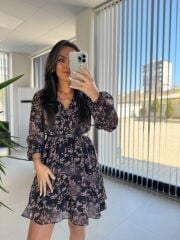 My 3711 Kemerli Gül Kurusu Çiçekli Şifon Elbise