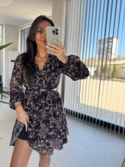 My 3711 Kemerli Gül Kurusu Çiçekli Şifon Elbise