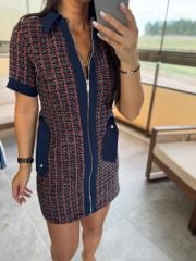 Ky 34456 Rosa-Marine-Tweed-Kleid mit Gabardine-Verzierung