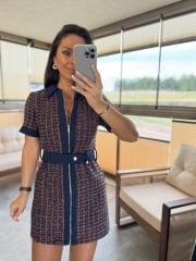 Ky 34456 Rosa-Marine-Tweed-Kleid mit Gabardine-Verzierung