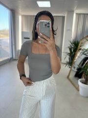 Orj.Marka Kare Yaka Gri Crop