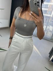 Orj.Marka Kare Yaka Gri Crop