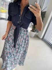 Bb 29948 Denim Detaylı Önden Bağlamalı Elbise