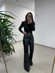 MN Kendinden Kemerli Siyah İspanyol Paça Deri Pantolon