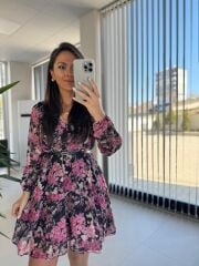 My 3711 Kemerli Pembe Çiçekli Şifon Elbise