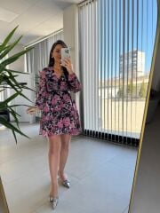 My 3711 Kemerli Pembe Çiçekli Şifon Elbise