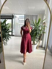 Ms 195 Gül Nakışlı Bordo Gömlek Elbise