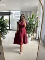 Ms 195 Gül Nakışlı Bordo Gömlek Elbise