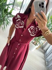 Ms 195 Gül Nakışlı Bordo Gömlek Elbise
