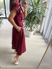 Ms 195 Gül Nakışlı Bordo Gömlek Elbise