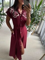 Ms 195 Gül Nakışlı Bordo Gömlek Elbise