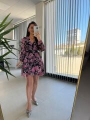 My 3711 Kemerli Pembe Çiçekli Şifon Elbise