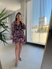 My 3711 Kemerli Pembe Çiçekli Şifon Elbise