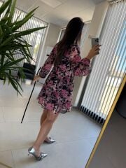 My 3711 Kemerli Pembe Çiçekli Şifon Elbise