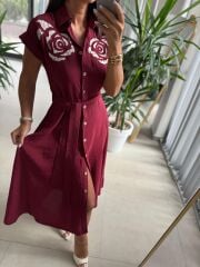 Ms 195 Gül Nakışlı Bordo Gömlek Elbise