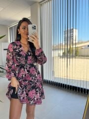 My 3711 Kemerli Pembe Çiçekli Şifon Elbise