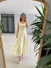My 4009 Fresh Floral Kare Yaka Sarı Elbise