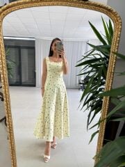 My 4009 Fresh Floral Kare Yaka Sarı Elbise