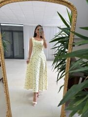 My 4009 Fresh Floral Kare Yaka Sarı Elbise