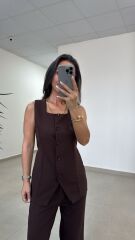 Art 4008 Sıfır Kol Düğmeli Atlas Kahve Takım