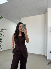 Art 4008 Sıfır Kol Düğmeli Atlas Kahve Takım