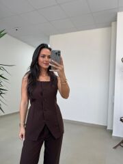 Art 4008 Sıfır Kol Düğmeli Atlas Kahve Takım