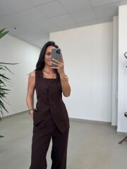 Art 4008 Sıfır Kol Düğmeli Atlas Kahve Takım