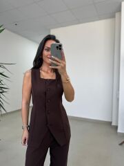 Art 4008 Sıfır Kol Düğmeli Atlas Kahve Takım
